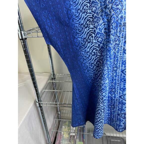 Chico's Women's Blue Ikat Boho Top Size 2 Large Festival Embellished Art To Wear - Picture 4 of 9